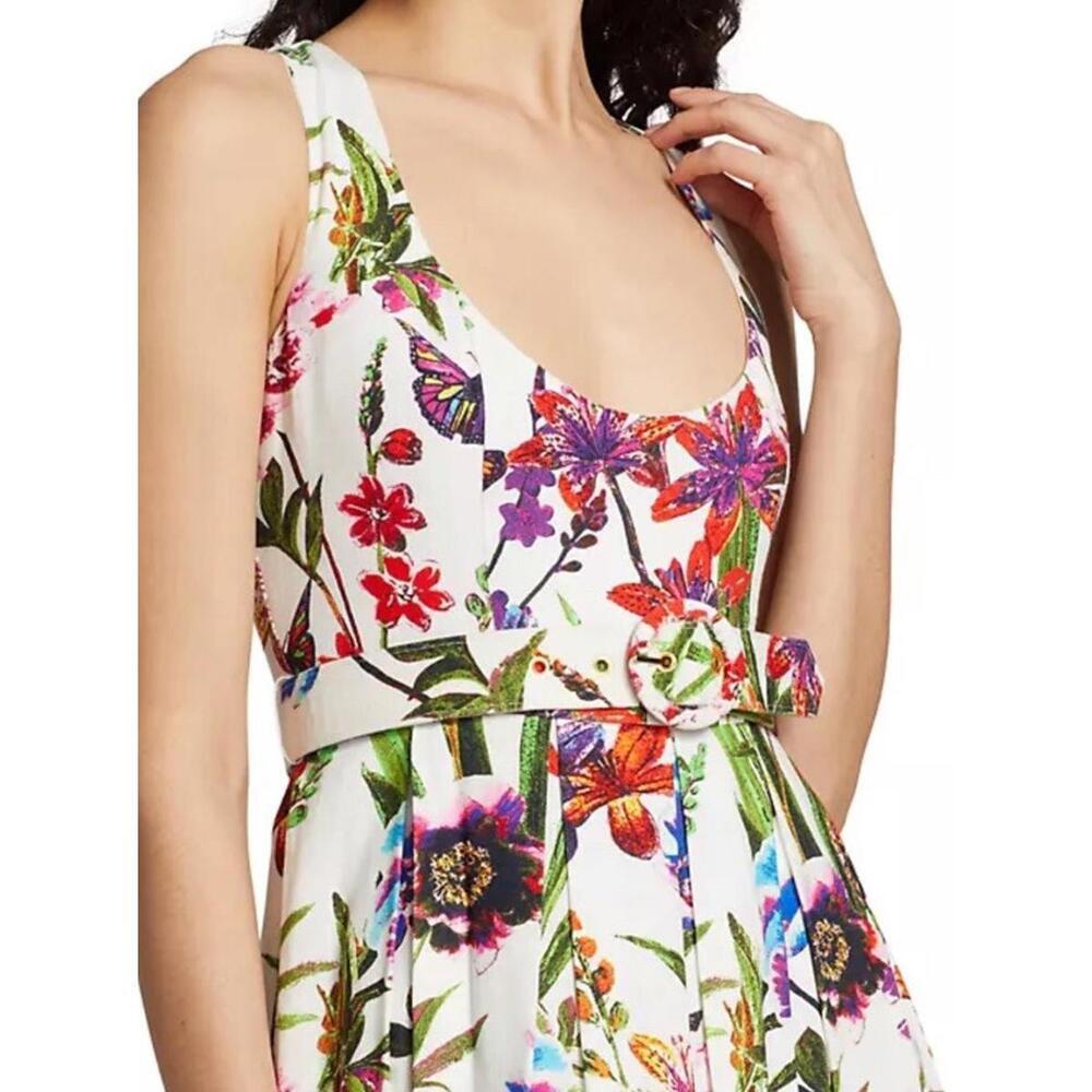 $255 LDT Athena Belted White Botanical Floral Linen-Blend Midi Dress Size 6